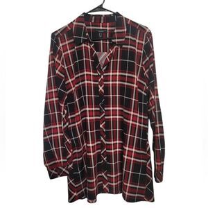 Susan Graver Weekend Liquid Knit Red Black Plaid Button Up Blouse, Size M